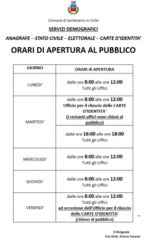 ORARI DI APERTURA AL PUBBLICO - SERVIZI DEMOGRAFICI